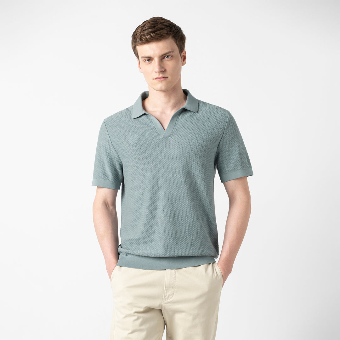 Diamond Knit Sweater Polo Shark front on model