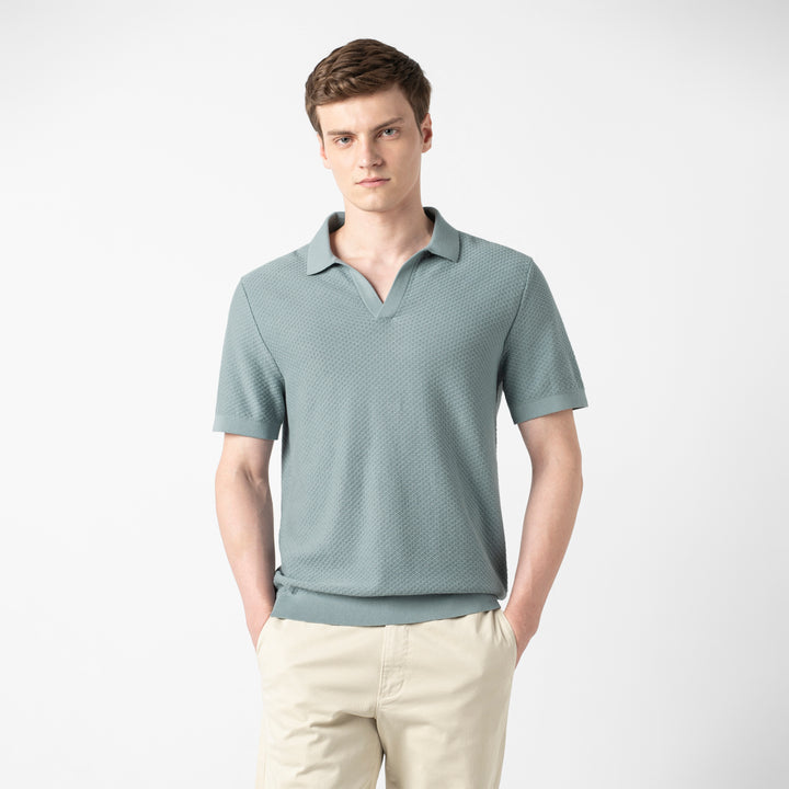 Diamond Knit Sweater Polo Shark front on model