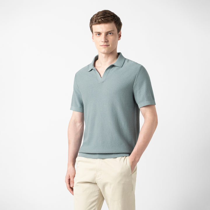 Diamond Knit Sweater Polo Shark side on model