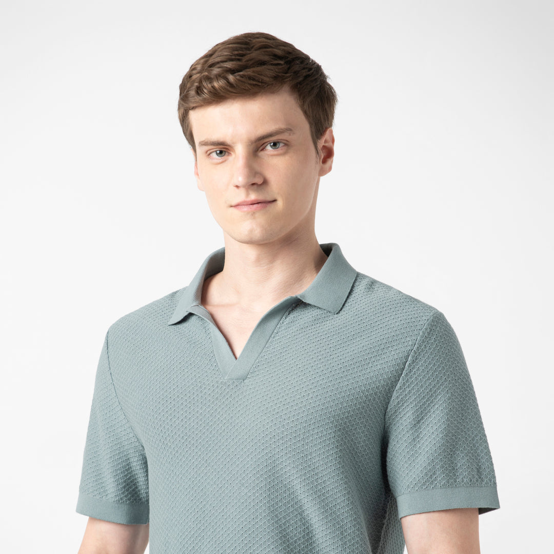 Diamond Knit Sweater Polo Shark close up on model