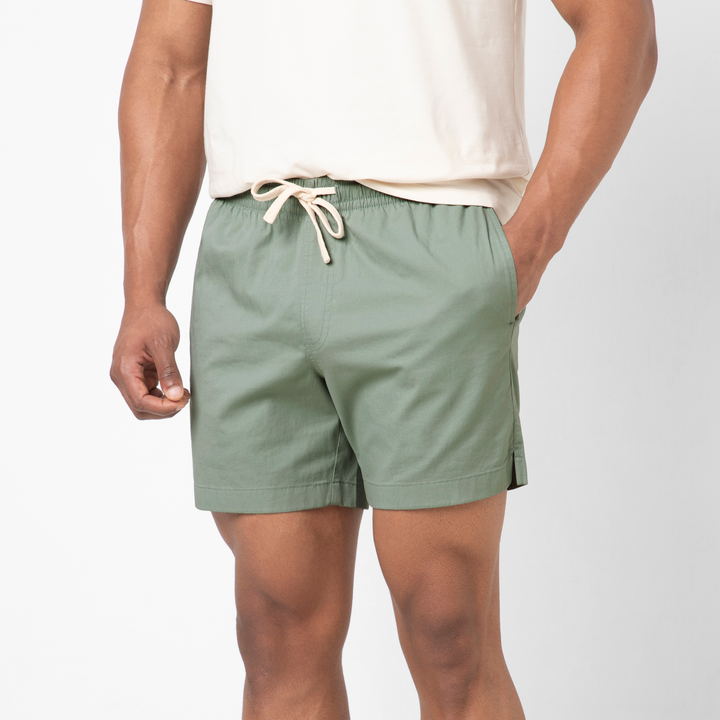 Drawstring Short 5.5" Moss side on model