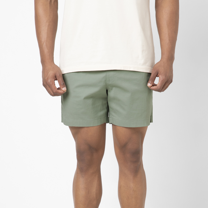 Drawstring Short 5.5" Moss front on model