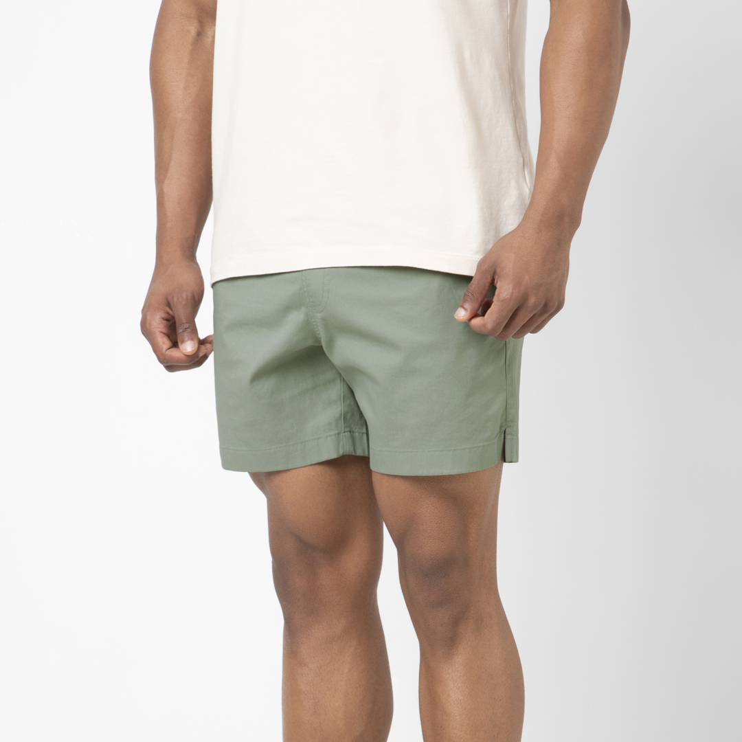 Drawstring Short 5.5" Moss side on model