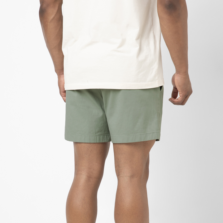 Drawstring Short 5.5" Moss back on model