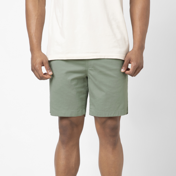 Drawstring Short 7" Moss front on model