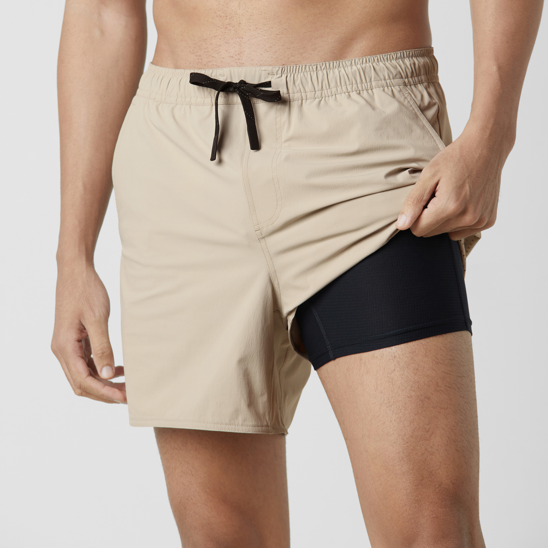 Echo Short Lined Khaki on model