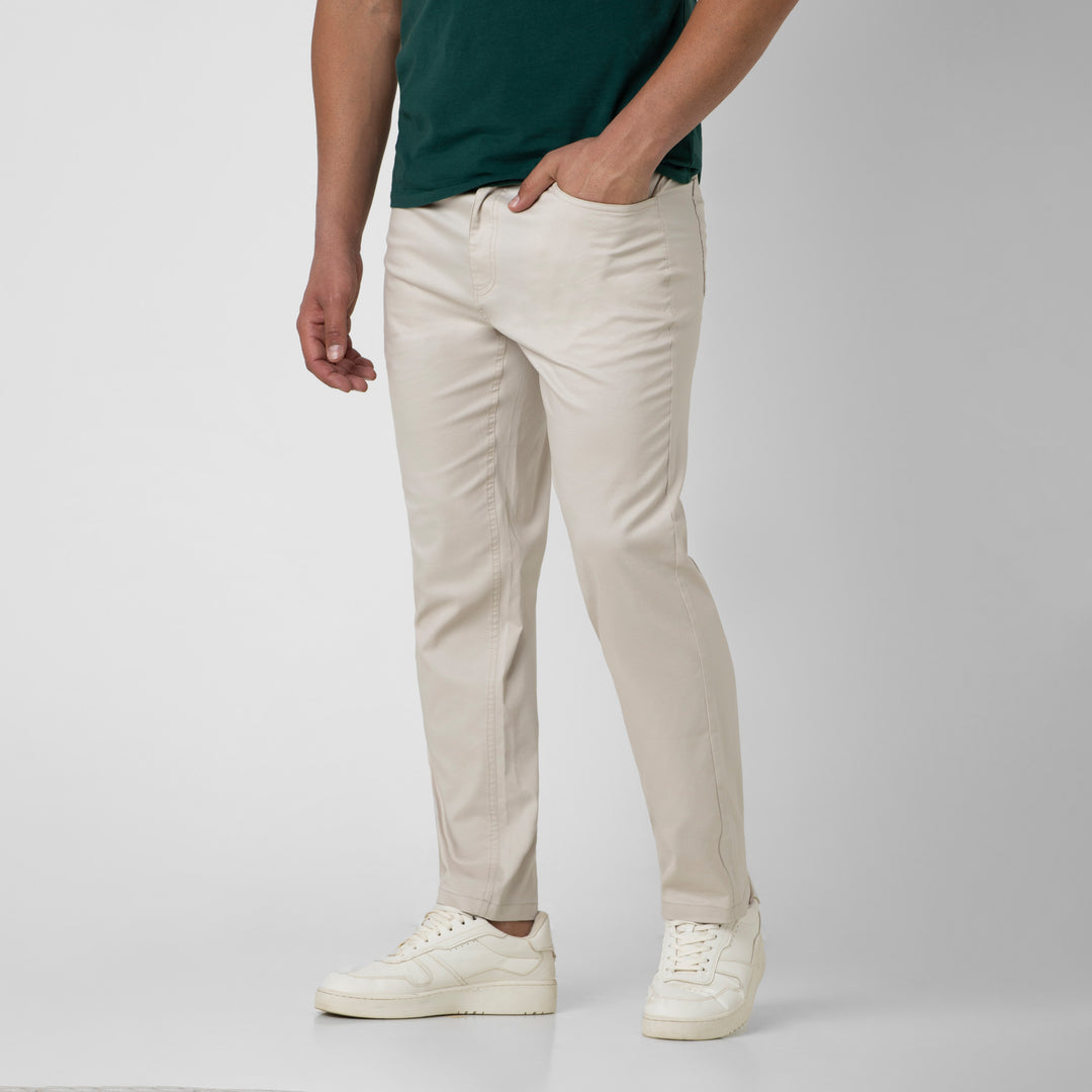 Essential 5 Pocket Pant Oat side on model