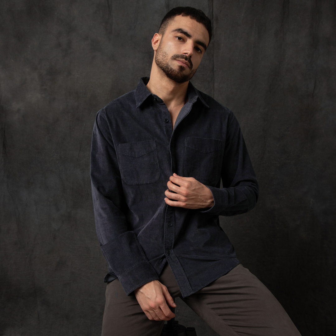 Everyday Corduroy Shirt Black front on model sitting