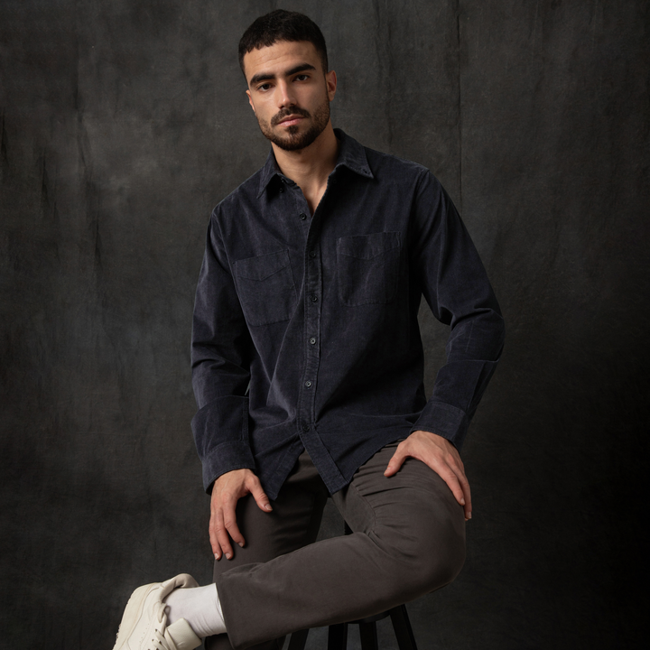 Everyday Corduroy Shirt Black front on model sitting