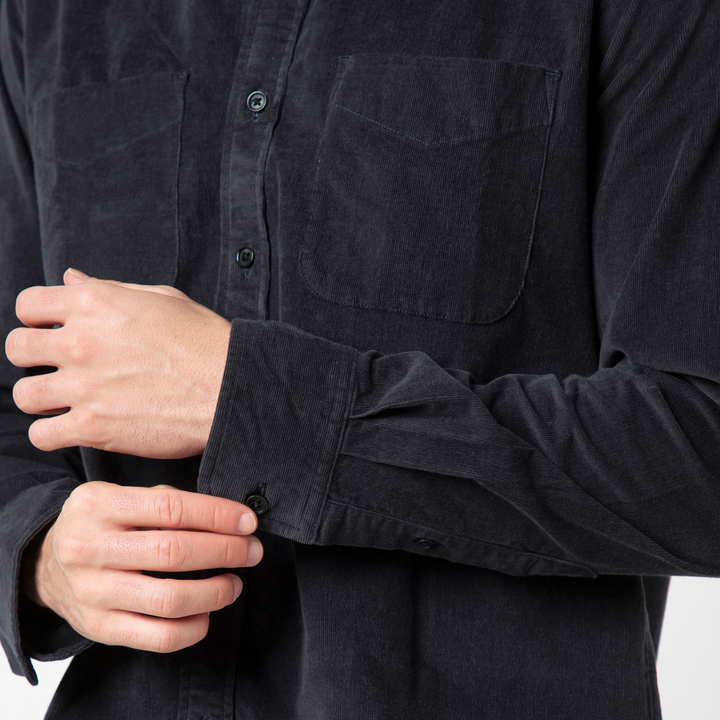 Everyday Corduroy Shirt Black close up front on model