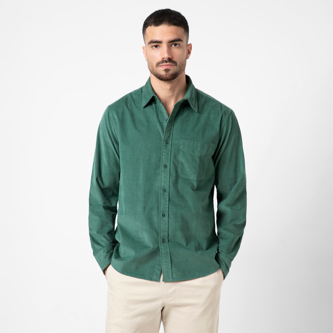 Everyday Corduroy Shirt Dark Sage front on model