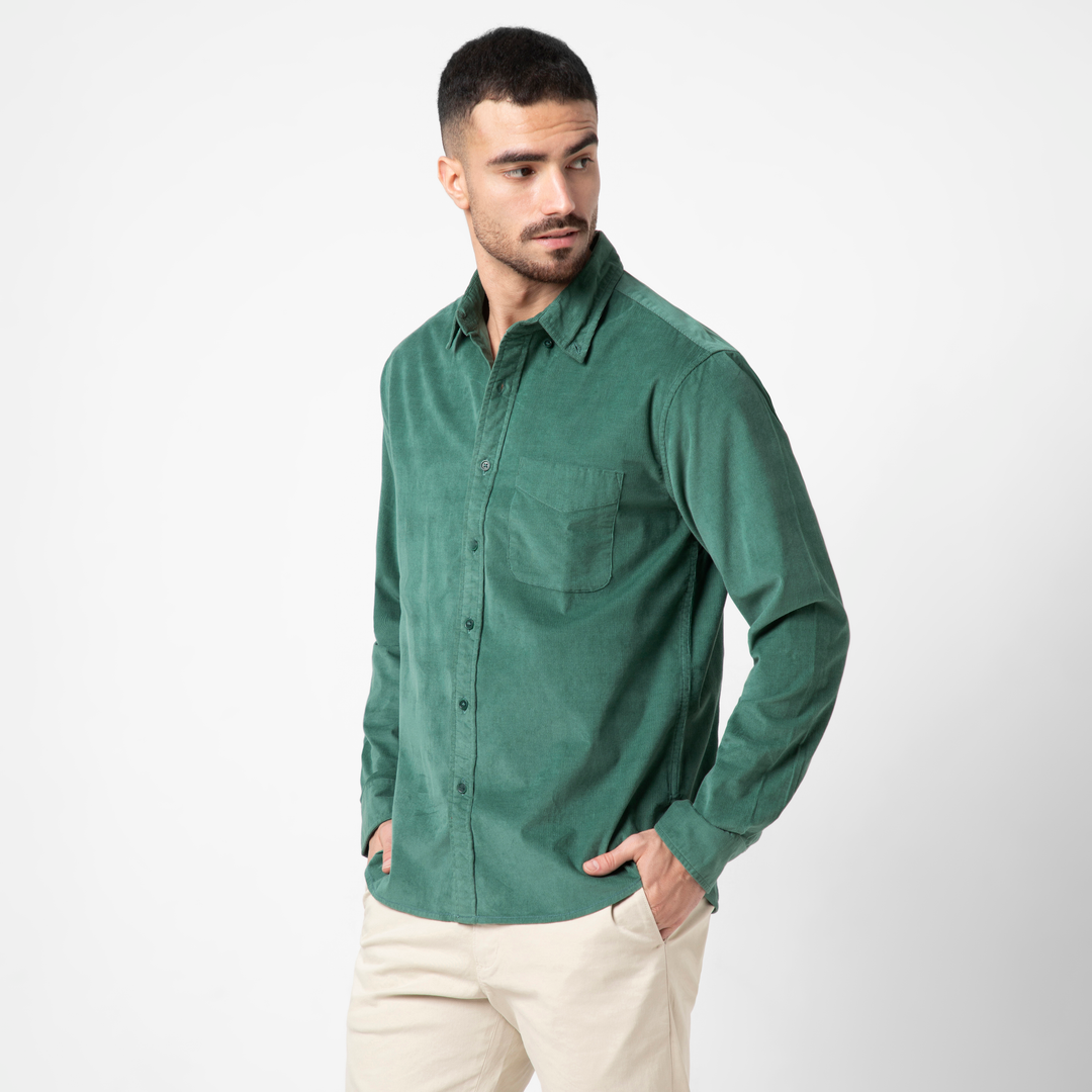 Everyday Corduroy Shirt Dark Sage side on model