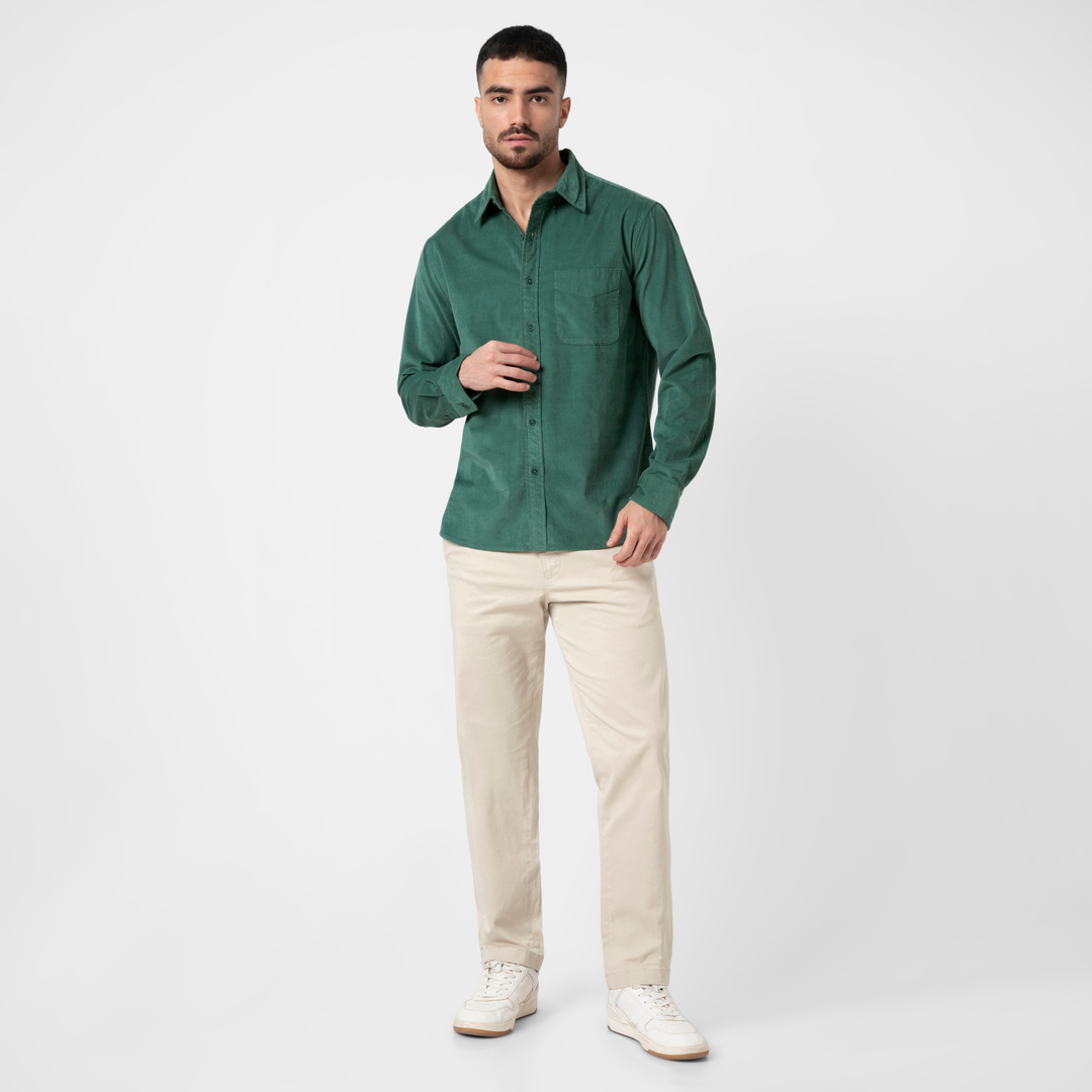 Everyday Corduroy Shirt Dark Sage full body on model