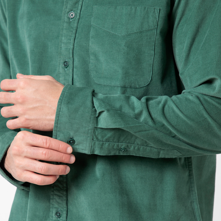 Everyday Corduroy Shirt Dark Sage close up front on model