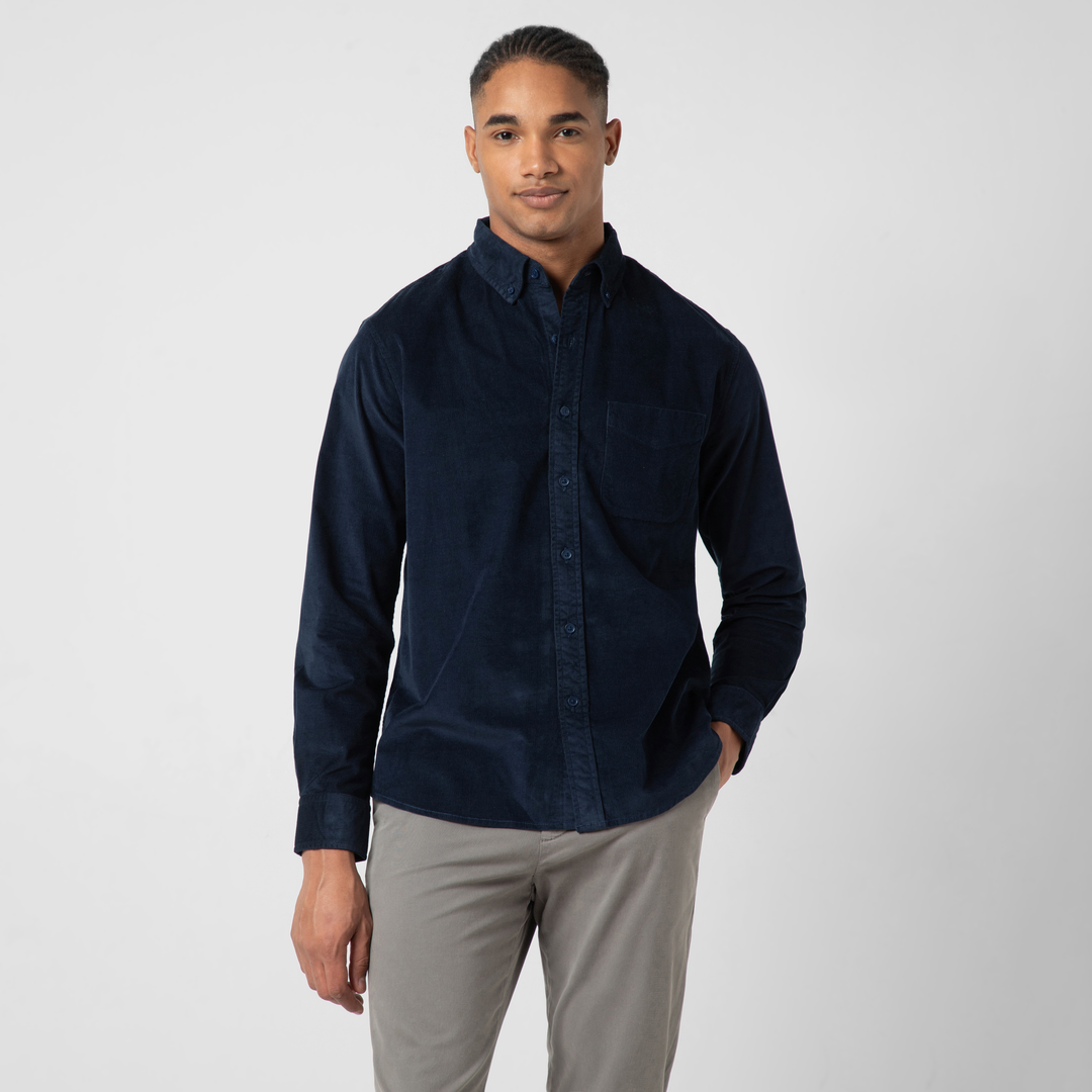 Everyday Corduroy Shirt Navy front on model