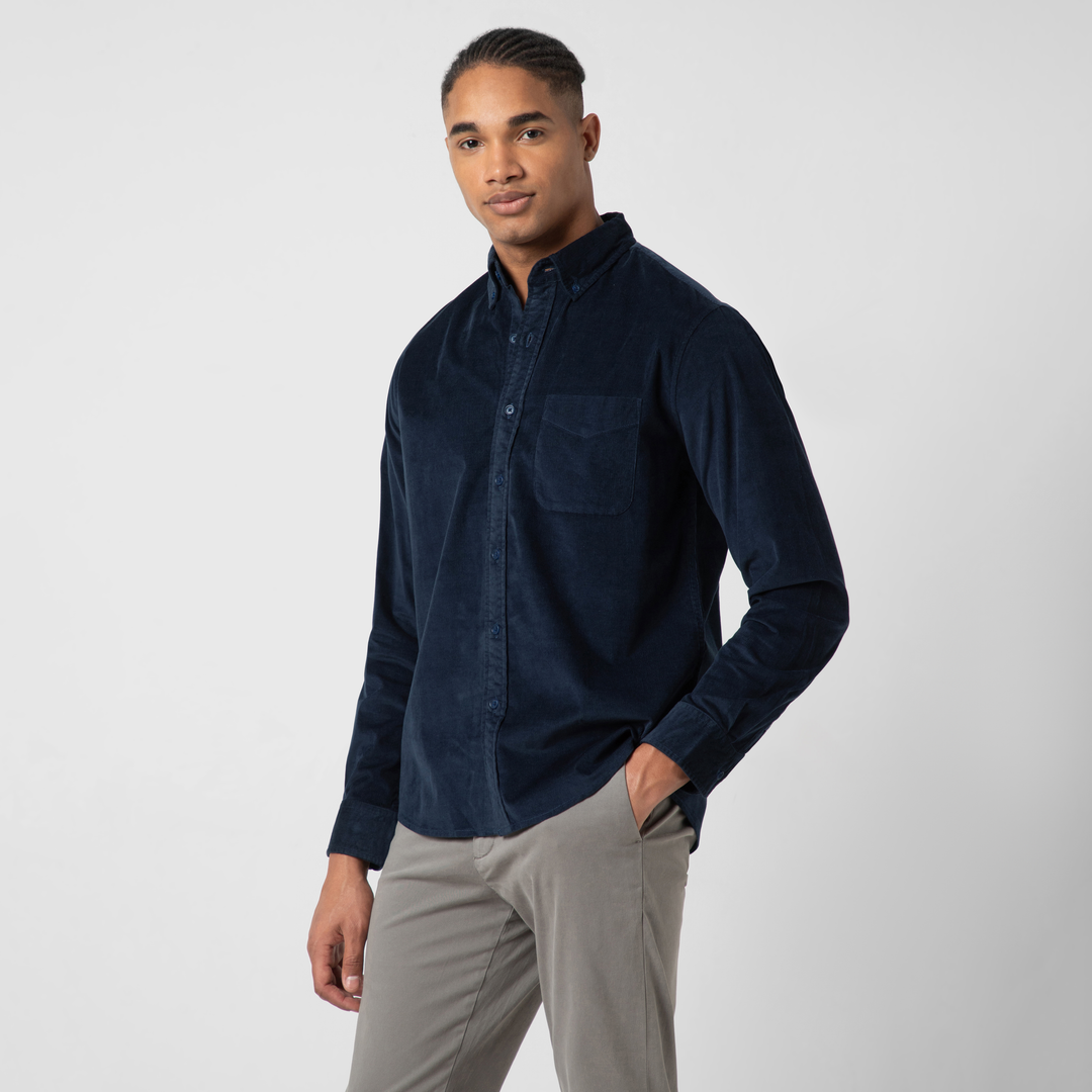 Everyday Corduroy Shirt Navy side on model