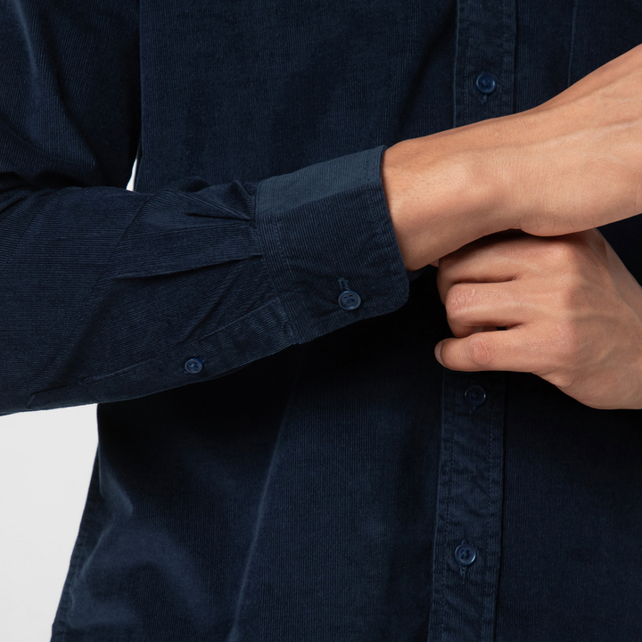 Everyday Corduroy Shirt Navy close up front on model