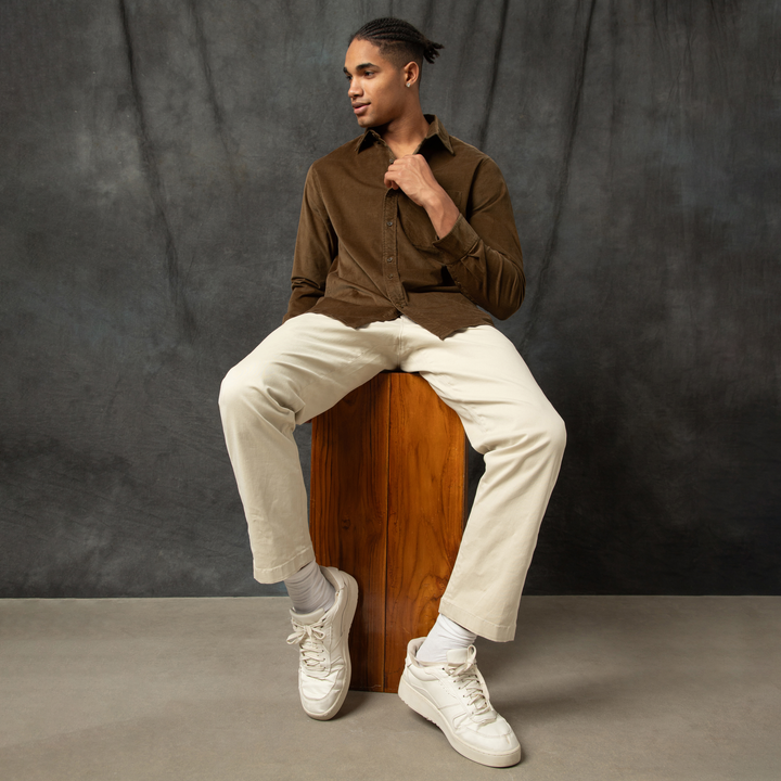 Everyday Corduroy Shirt Umber full body on model sitting