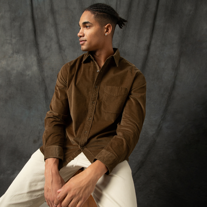 Everyday Corduroy Shirt Umber front on model sitting