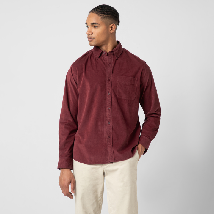 Everyday Corduroy Shirt Wine front on model