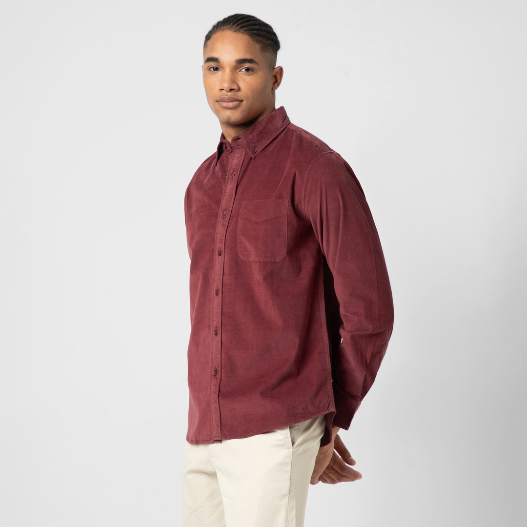 Everyday Corduroy Shirt Wine side on model