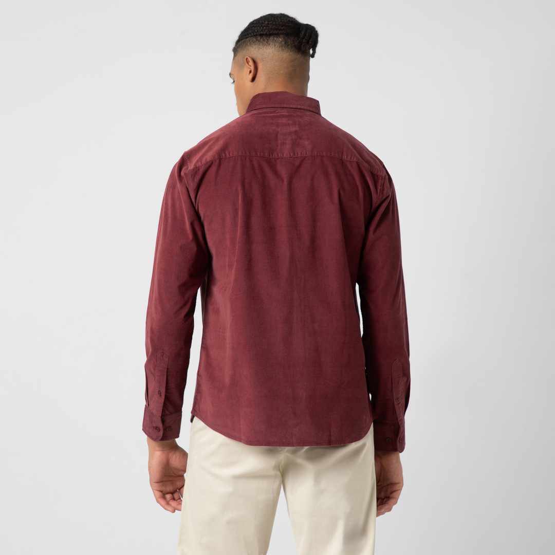 Everyday Corduroy Shirt Wine back on model