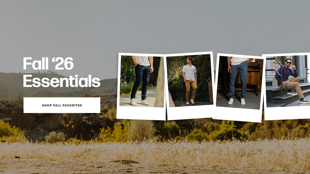 Promotional graphic for 'Fall Essentials' featuring four overlapping polaroid-style photos of men wearing bearbottom pants and casual outfits in outdoor and indoor settings, with a sandy ground and gray sky background and the text 'SHOP FALL FAVORITES' at the bottom.