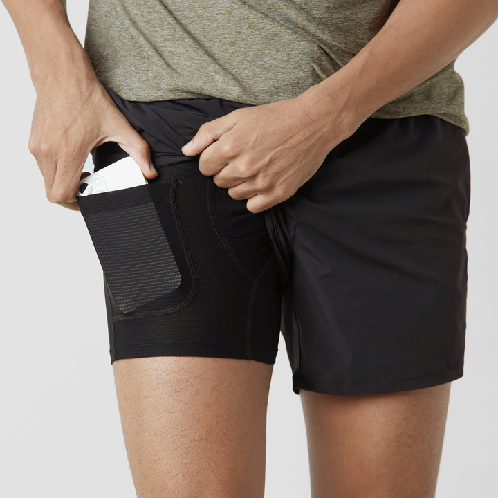 Field Short 5" Lined Black front on model with phone pocket liner