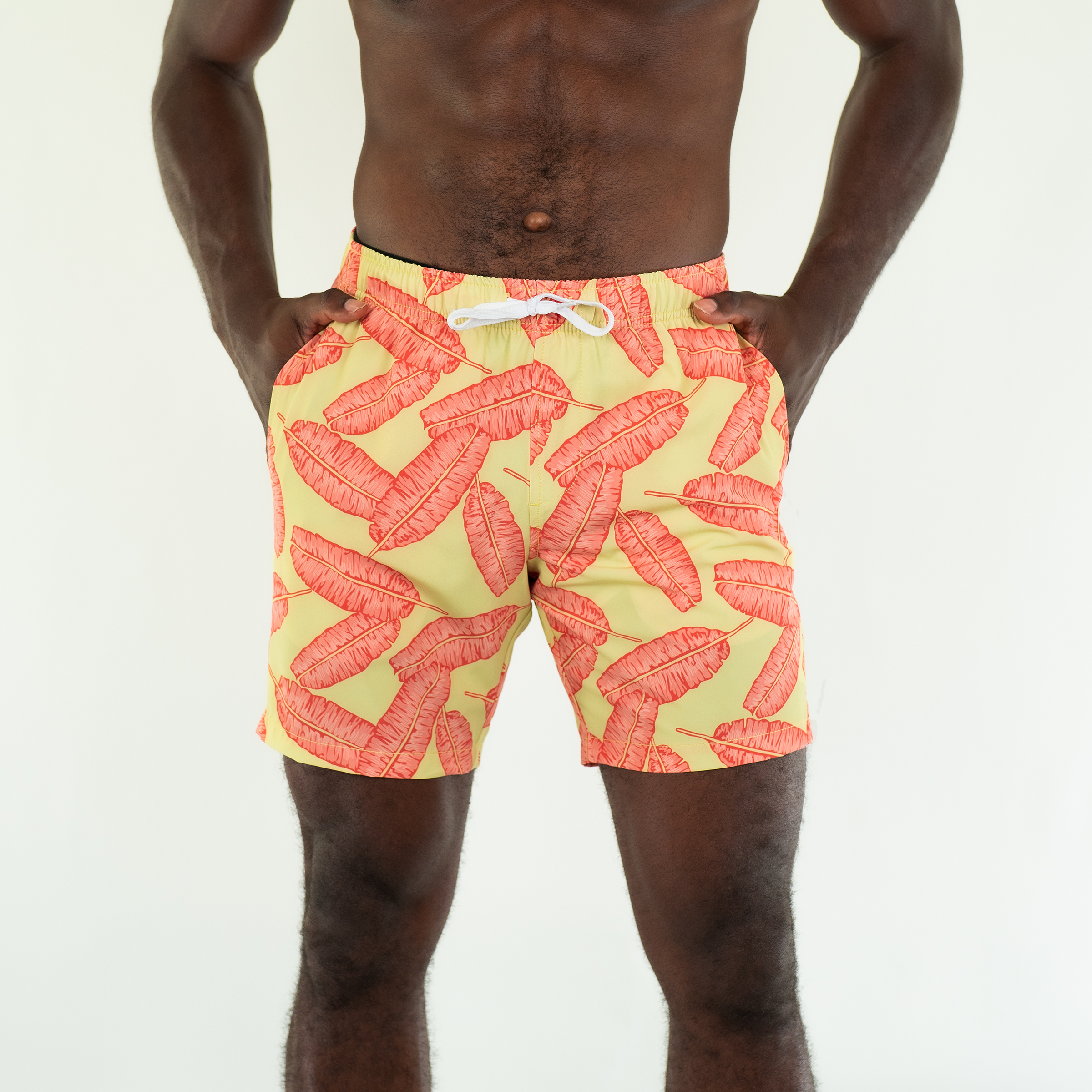 Stretch Swim 7" Banana Leaf front on model with hands in inseam pockets