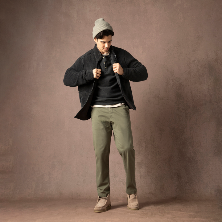 Full-Zip Sherpa Jacket Black full body on model on backdrop
