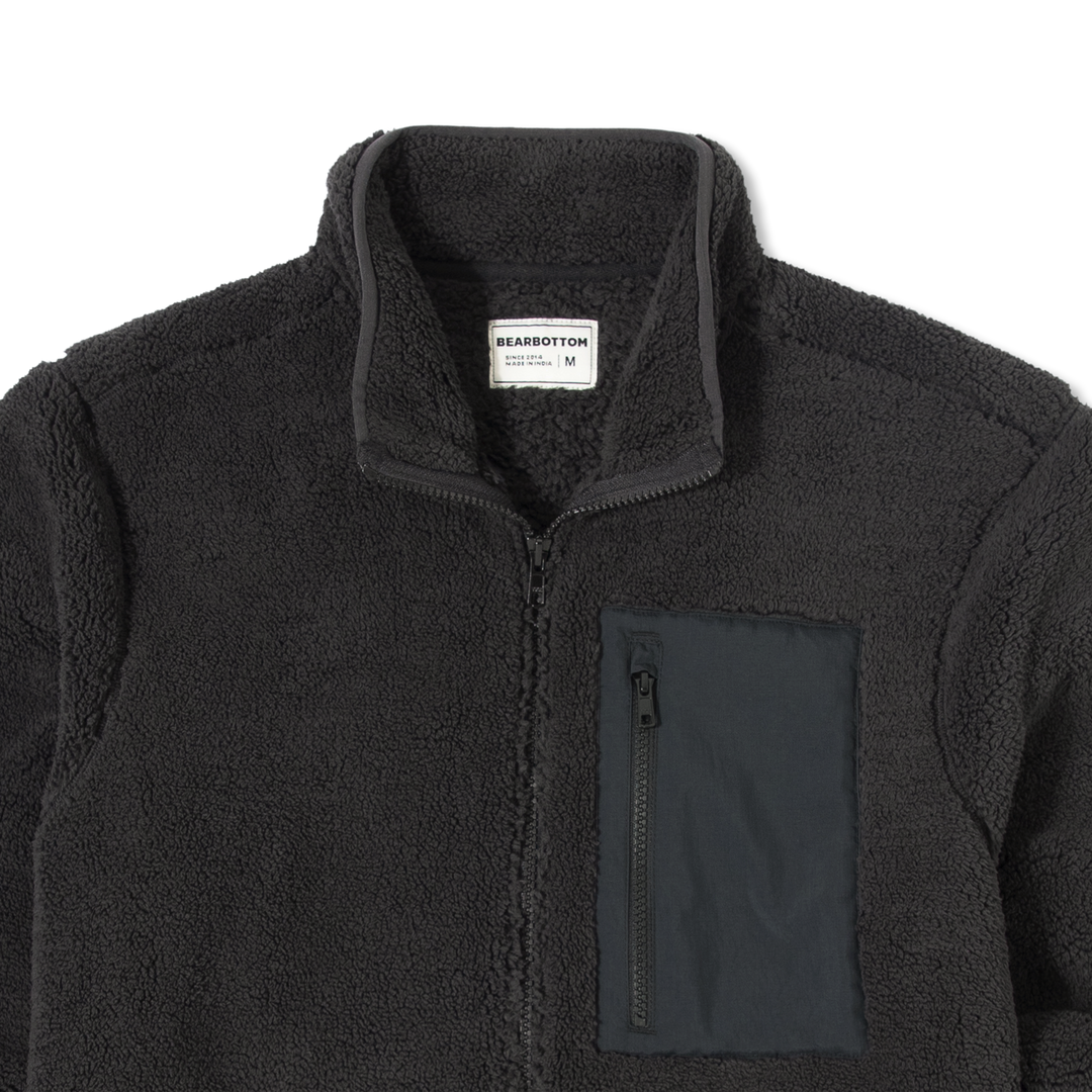 Full-Zip Sherpa Jacket Black collar and chest pocket close up flat