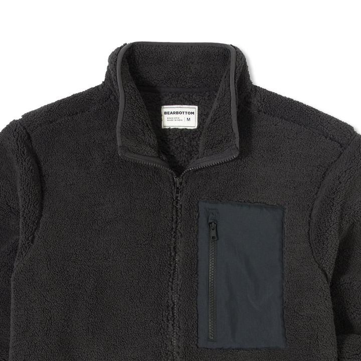 Full-Zip Sherpa Jacket Black collar and chest pocket close up flat