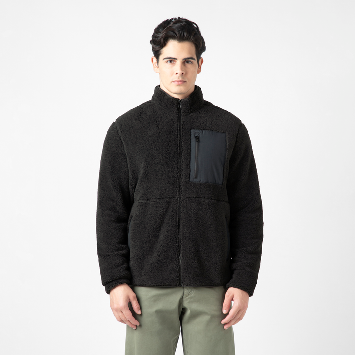 Full-Zip Sherpa Jacket Black front on model