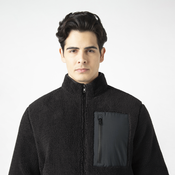 Full-Zip Sherpa Jacket Black upper body on model