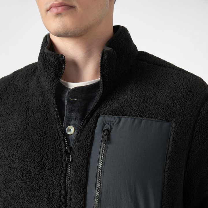 Full-Zip Sherpa Jacket Black chest pocket close up on model