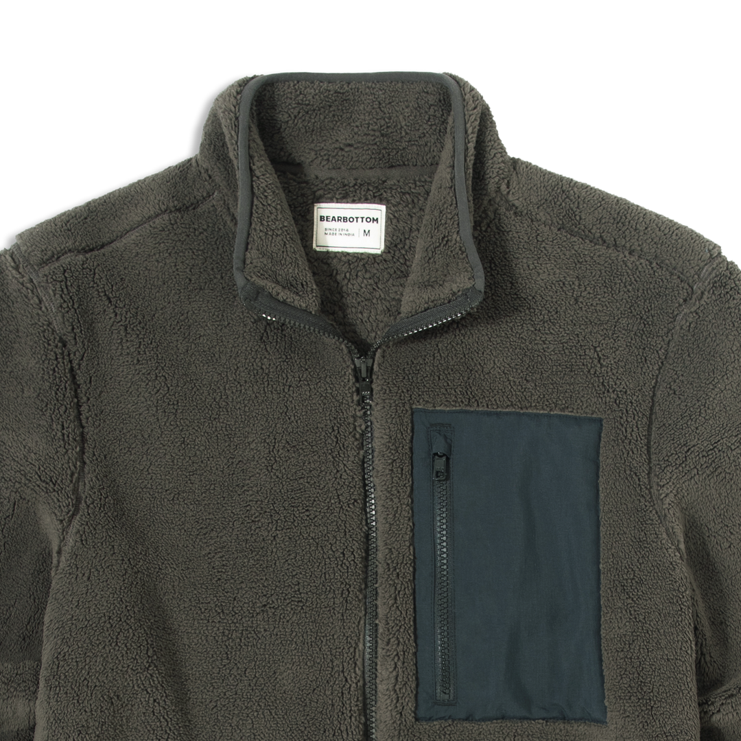 Full-Zip Sherpa Jacket Shadow collar and chest pocket close up flat