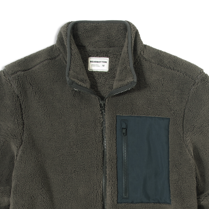 Full-Zip Sherpa Jacket Shadow collar and chest pocket close up flat