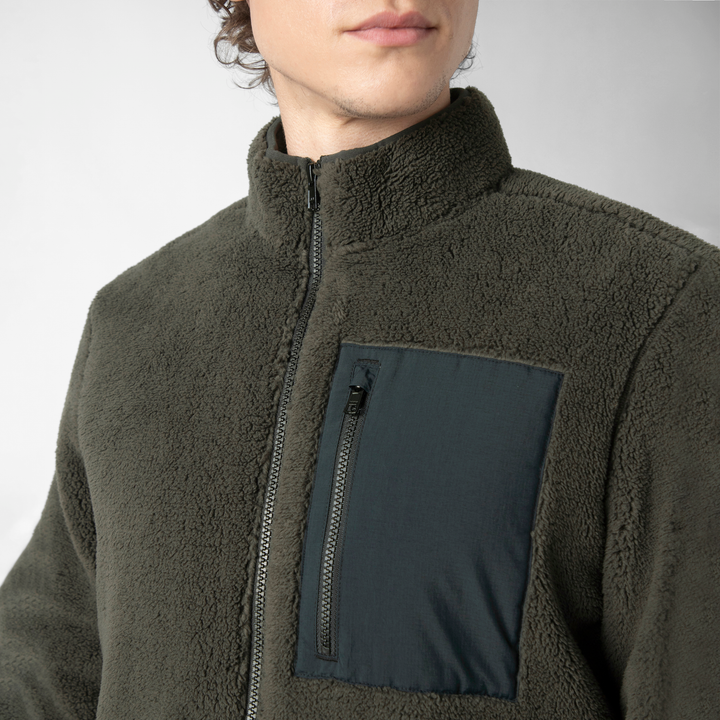 Full-Zip Sherpa Jacket Shadow chest pocket close up on model
