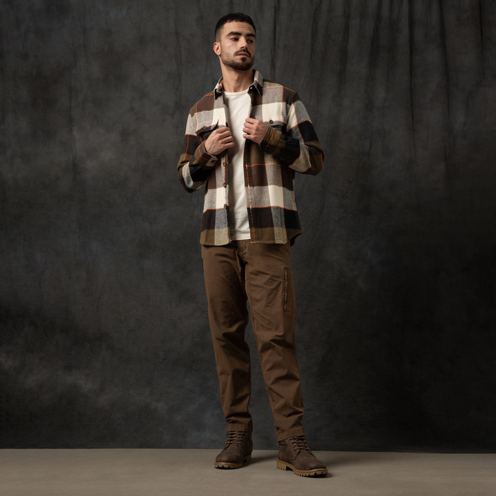 Heavyweight Flannel Overshirt Bark Olive full body on model