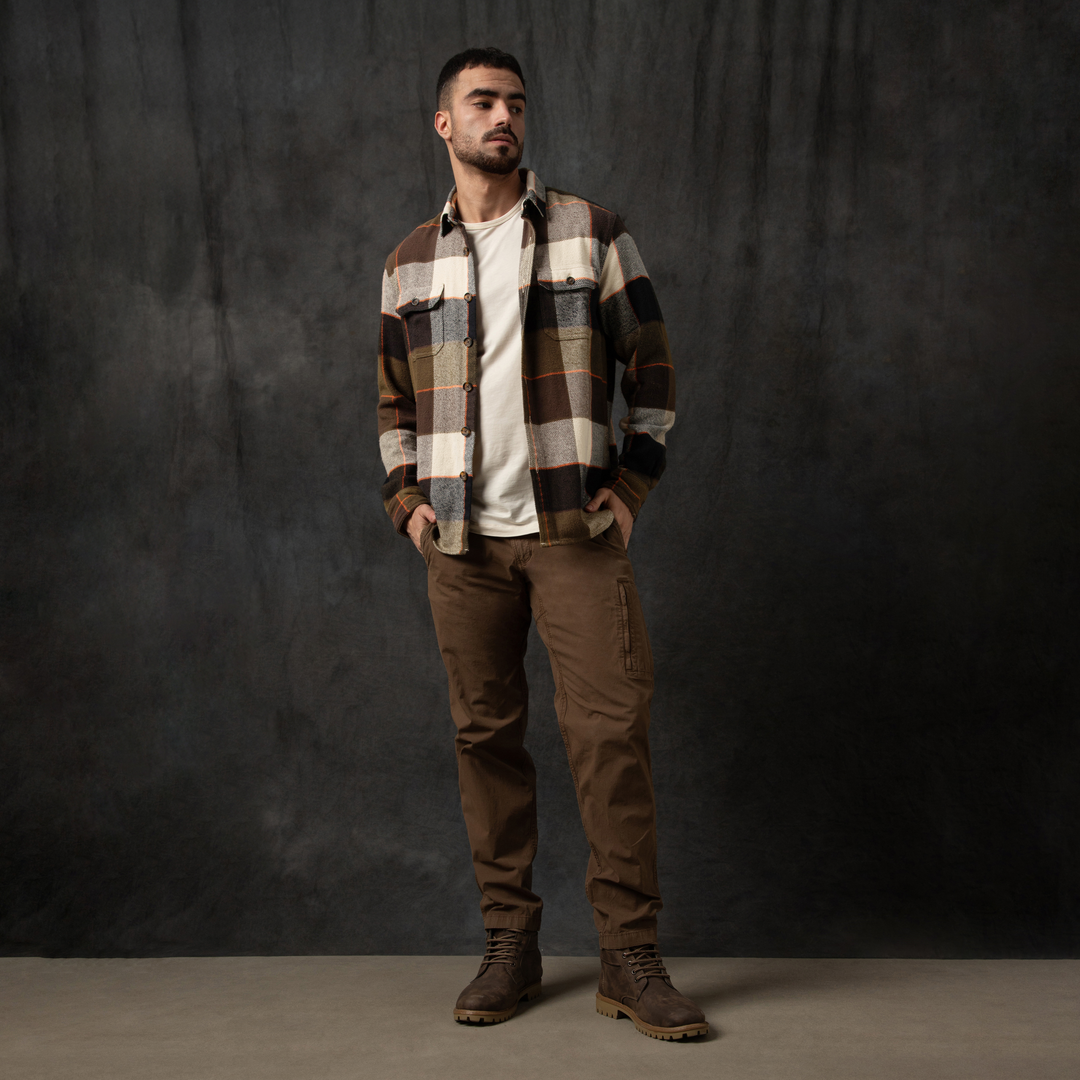 Heavyweight Flannel Overshirt Bark Olive full body on model