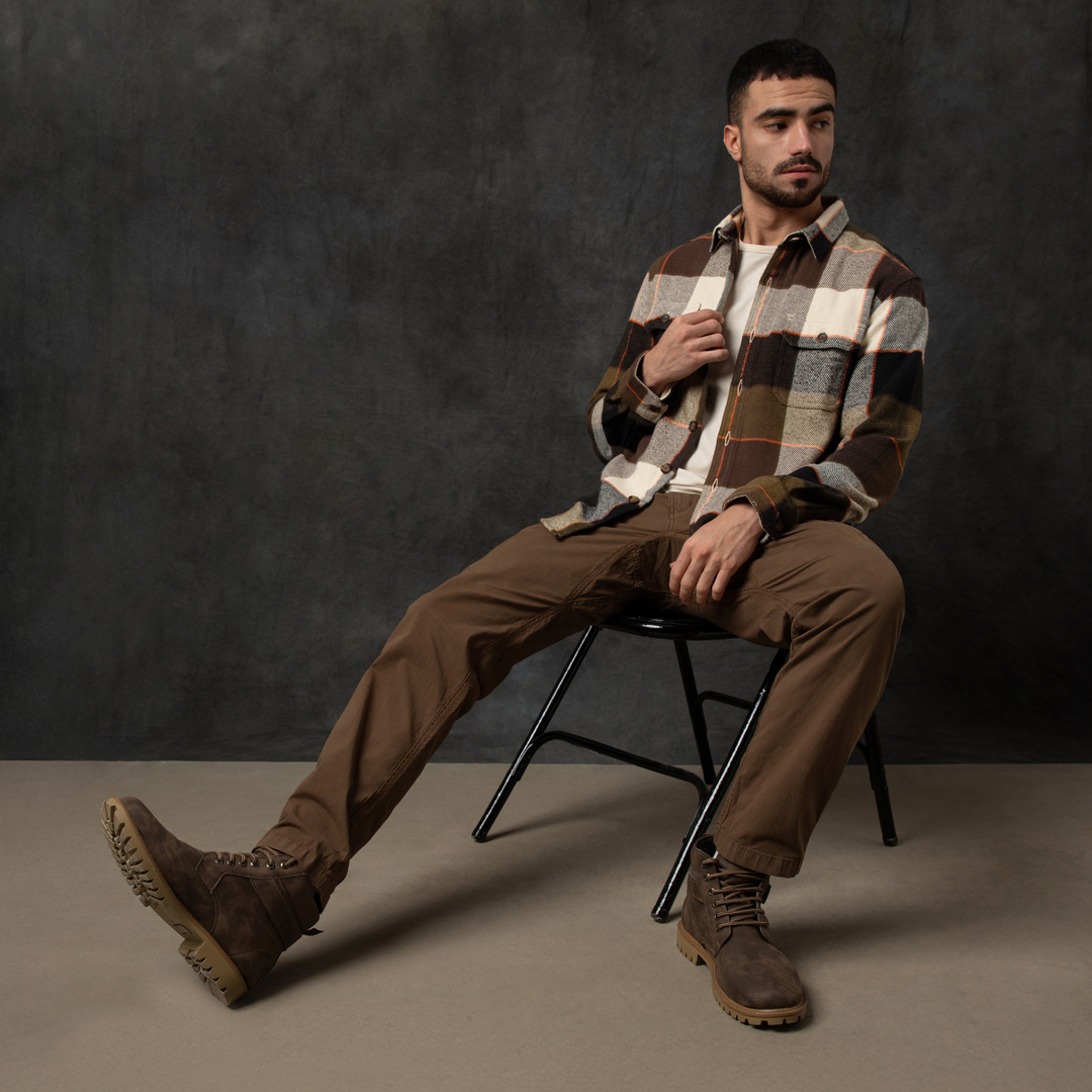 Heavyweight Flannel Overshirt Bark Olive front on model sitting