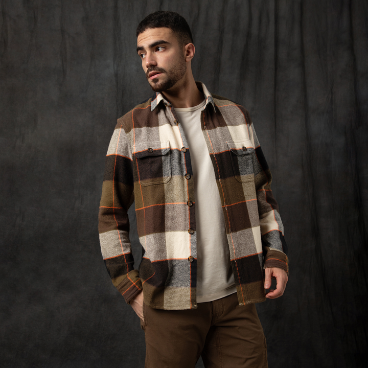 Heavyweight Flannel Overshirt Bark Olive front on model