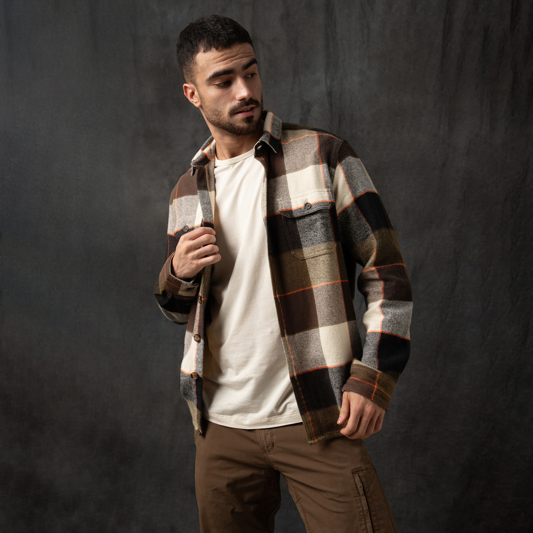 Heavyweight Flannel Overshirt Bark Olive side on model