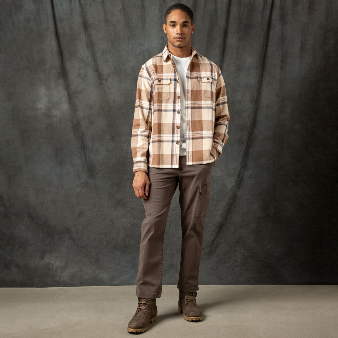 Heavyweight Flannel Overshirt Mocha Indigo full body on model