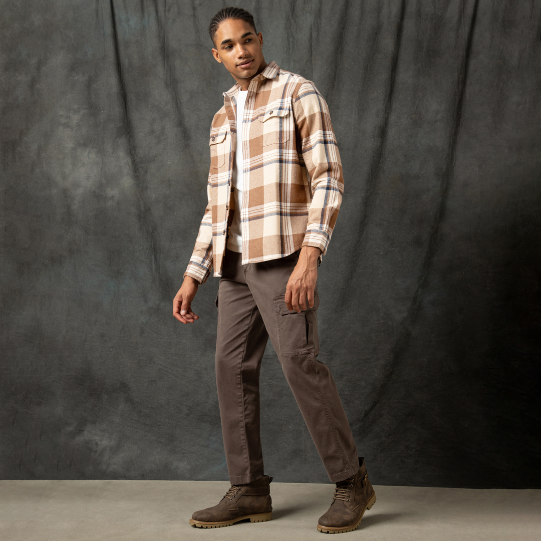 Heavyweight Flannel Overshirt Mocha Indigo full body on model