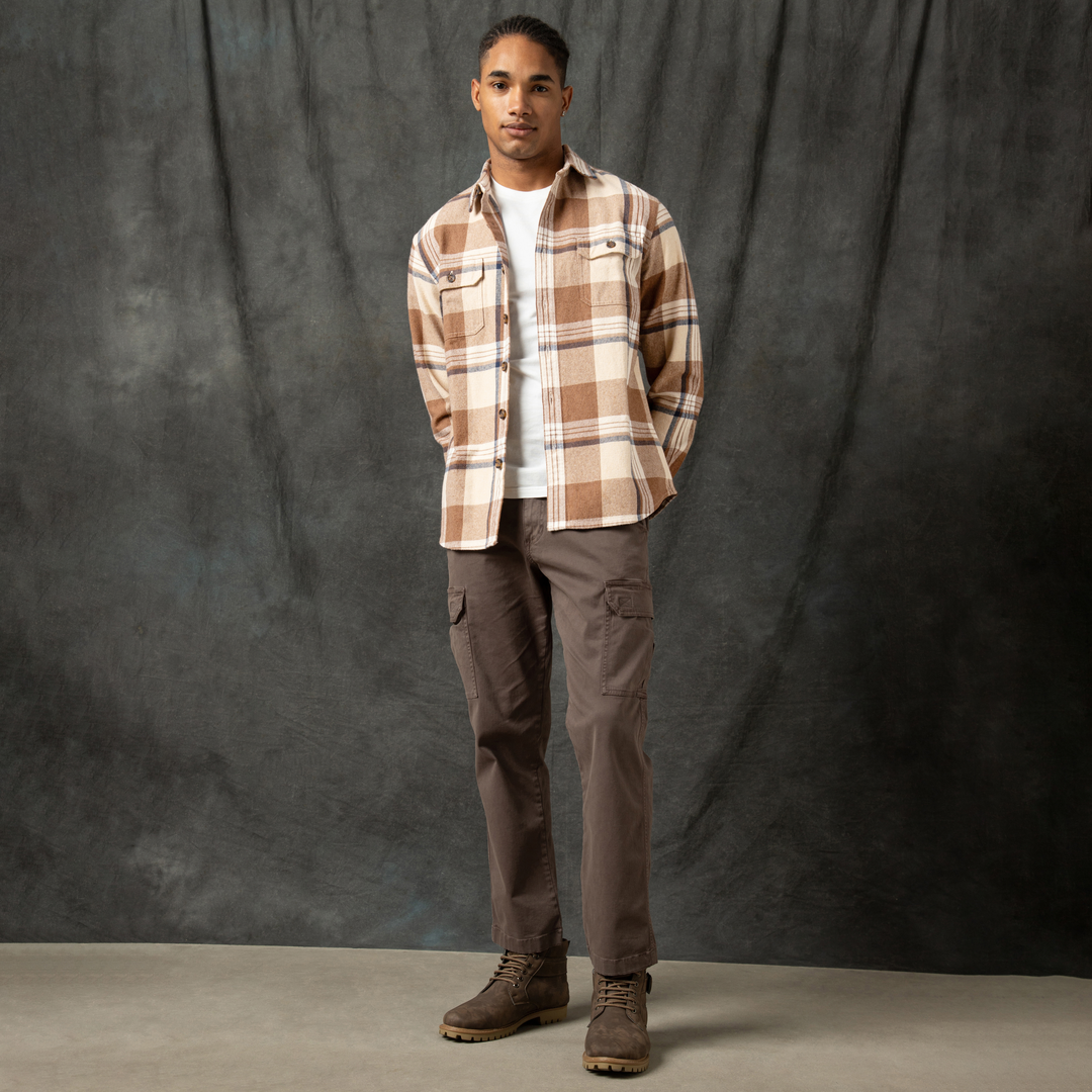 Heavyweight Flannel Overshirt Mocha Indigo full body on model