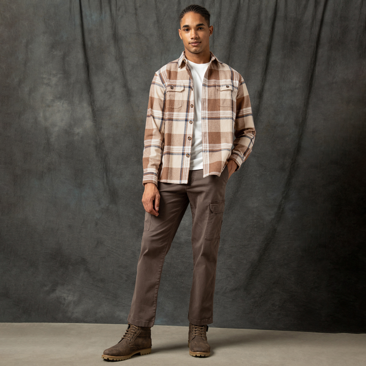 Heavyweight Flannel Overshirt Mocha Indigo full body on model