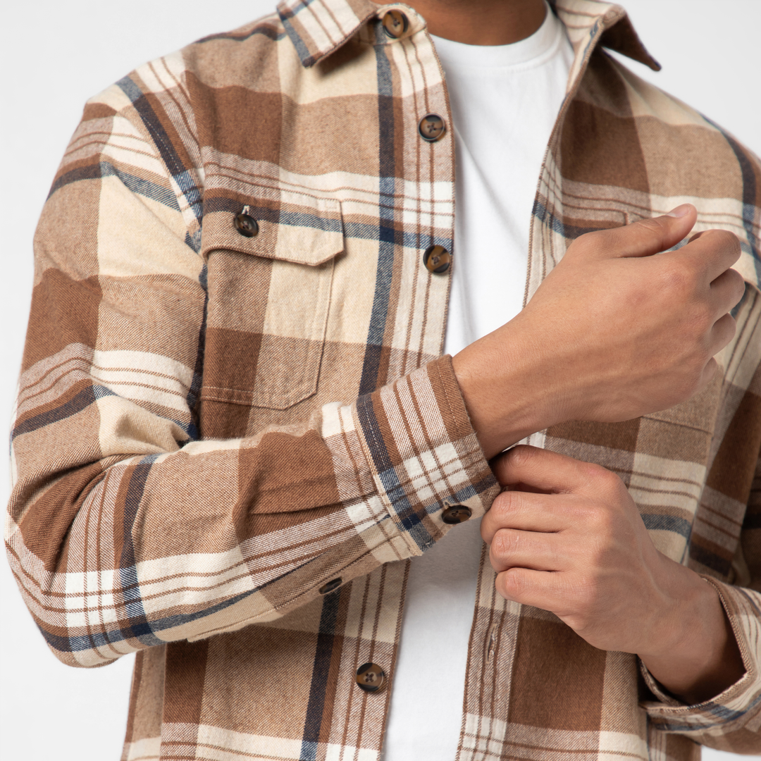 Heavyweight Flannel Overshirt Mocha Indigo close up front on model