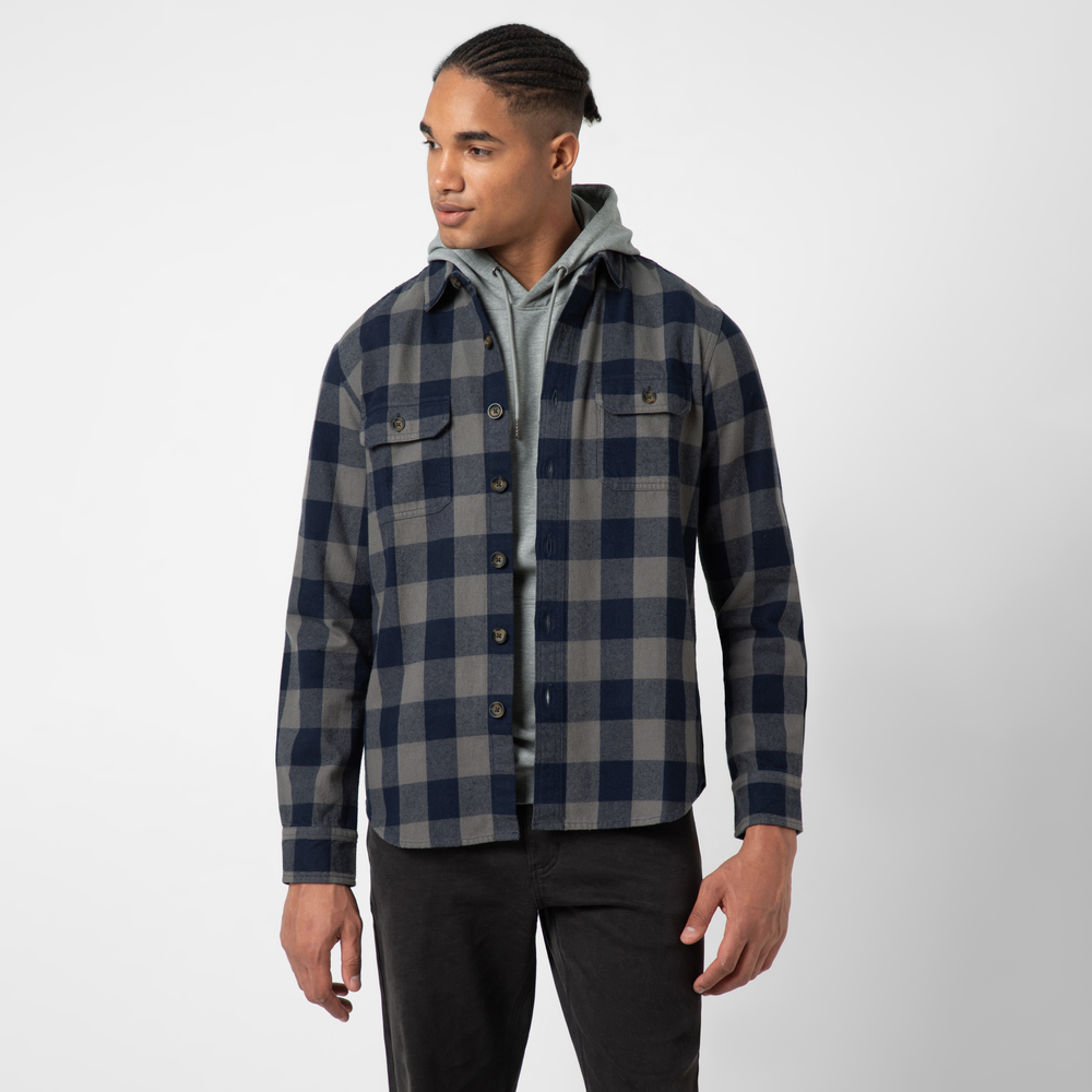 Heavyweight Flannel Overshirt Navy Grey front on model