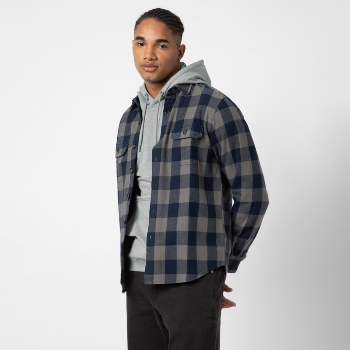 Heavyweight Flannel Overshirt Navy Grey side on model